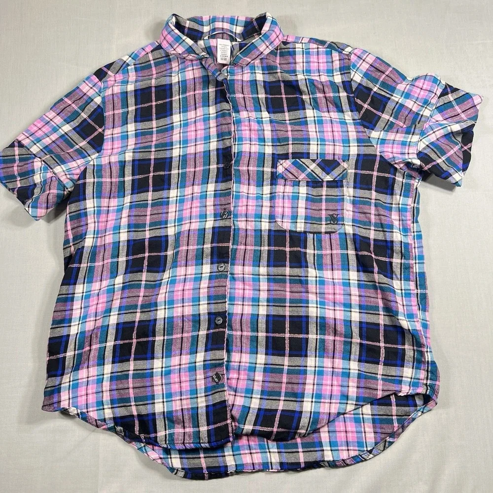 Victoria's Secret Womens Plaid Pajama Top S Pink Blue Button Up Short Sleeve